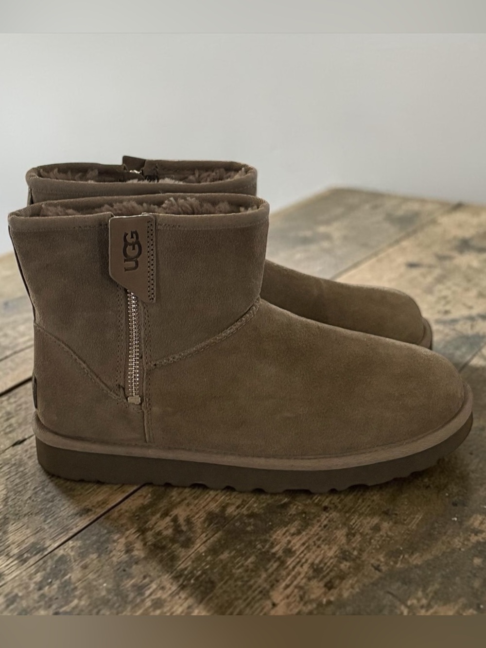 UGG Taupe Suede Mini Bailey Zip Sherpa Short Boots